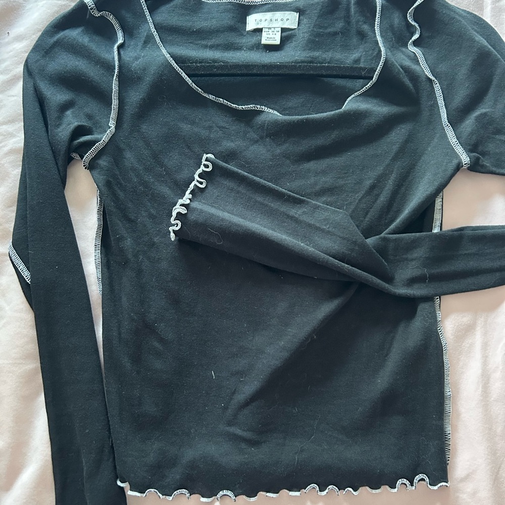 Black Long Sleeve Top with White Lettuce Trim